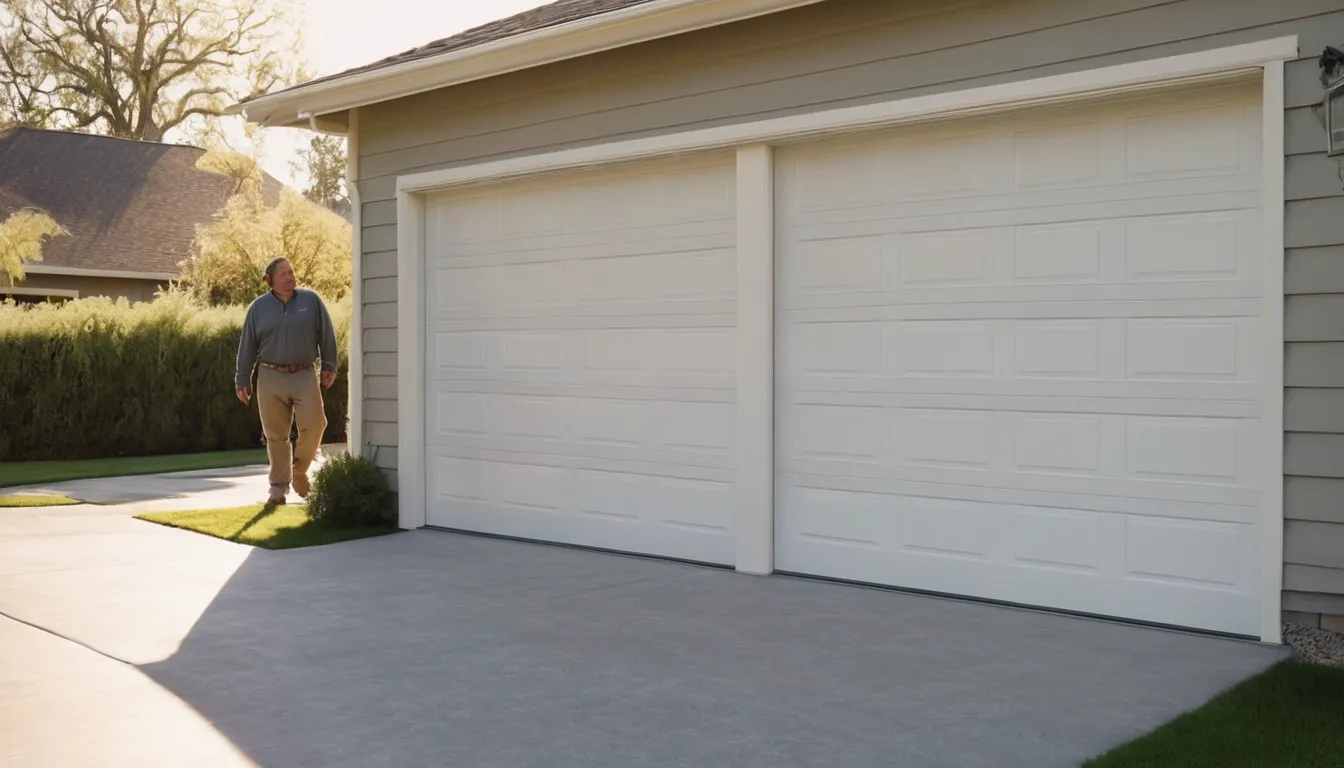 A friendly homeowner in Hamilton looking at a freshly installed garage door while an installer finishes the job